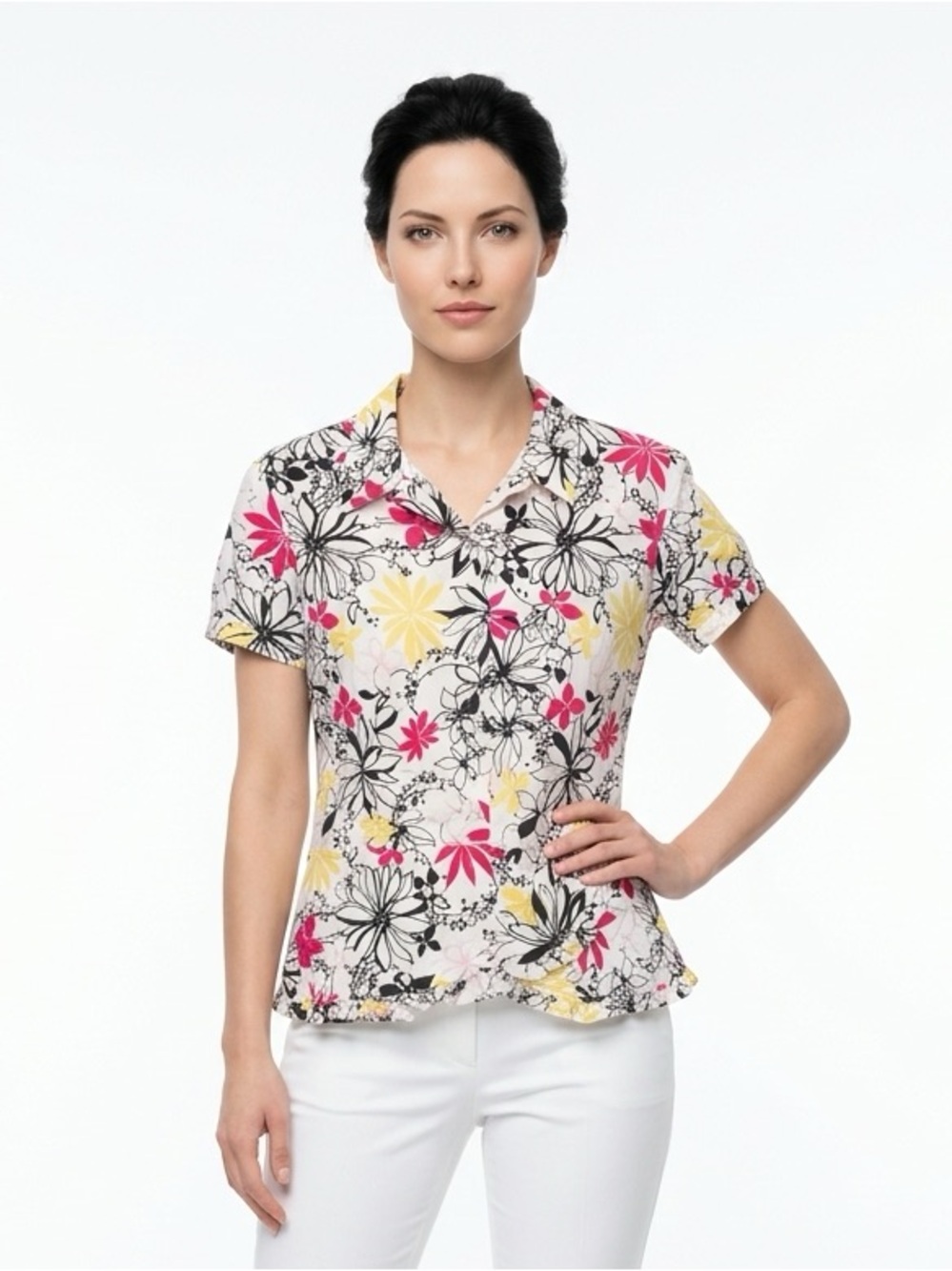 Oscar de la Renta Floral Button-Front Blouse in White, Black, Pink & Yellow 10